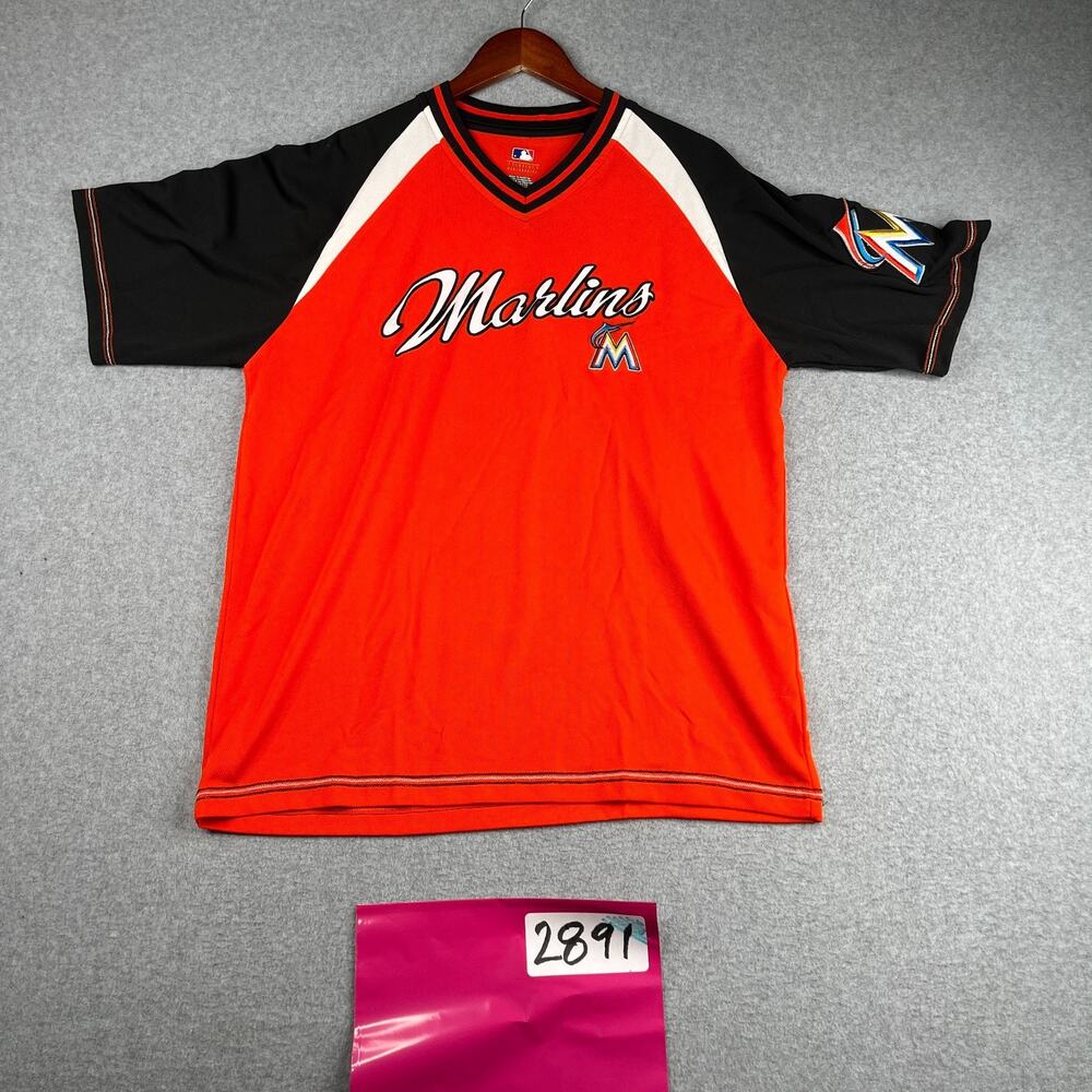 Miami Marlins T Shirt Large Orange Black V Neck Patch Logo Baseball Lightweight